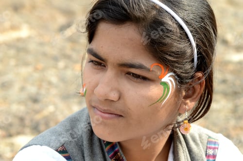 Preview: Indian Girl With Indian Flag Painted On Her Face.