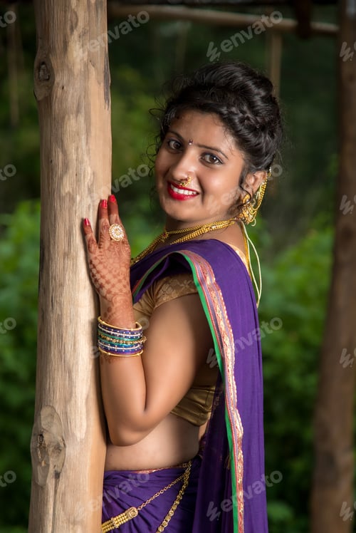 Preview: Beautiful Indian Young Girl In Traditional Saree Posing Outdoors
