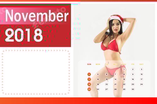 Visualização: Calendário de 2018, linda mulher feliz em roupas vermelhas sexy.