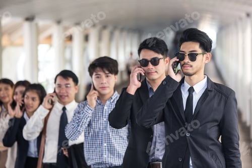 Preview: Asia Business People Or Businessman And Businesswoman Use Smartphone Outdoor, Protrait Business