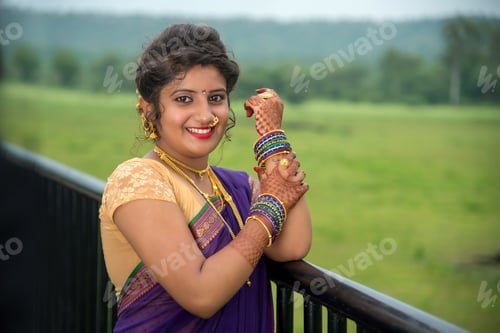 Preview: Beautiful Indian Young Girl In Traditional Saree Posing Outdoors