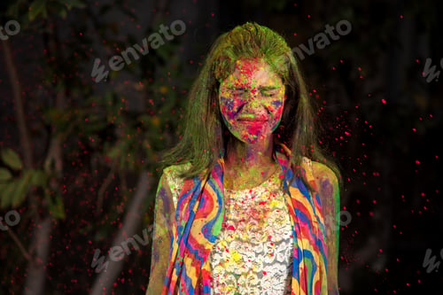 Preview: Young Girl Plays With Colors. Concept For Indian Festival Holi. Color Splash.