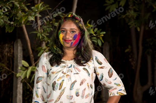 Preview: Portrait Of Happy Young Girl On Holi Color Festival. Girl Posing And Celebrating Festival Of Colors.