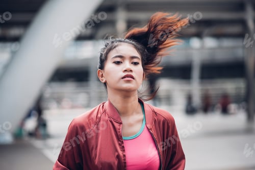 Preview: Beautiful Asian Woman Running In City. Sport Concept
