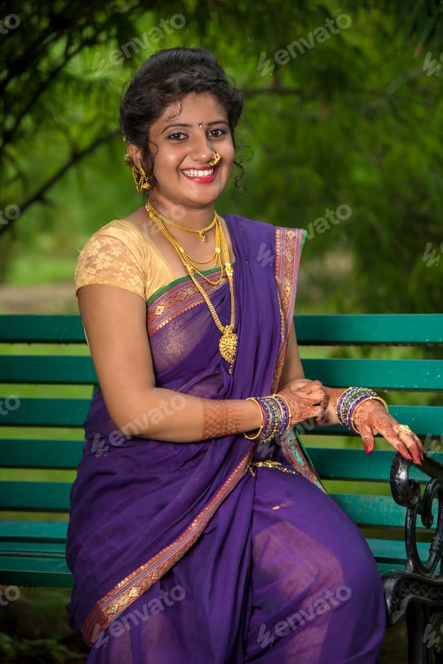 Preview: Beautiful Indian Young Girl In Traditional Saree Posing Outdoors