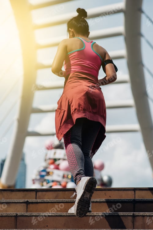Preview: Beautiful Asian Woman Running In City. Sport Concept
