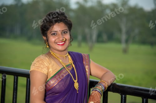 Preview: Beautiful Indian Young Girl In Traditional Saree Posing Outdoors