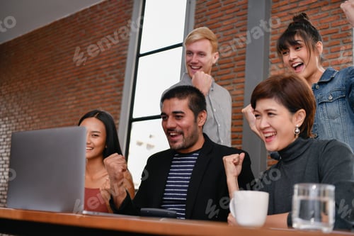 Preview: Business Concept. Businessmen Are Shouting With Joy. Business People Are Raising Their Hands For