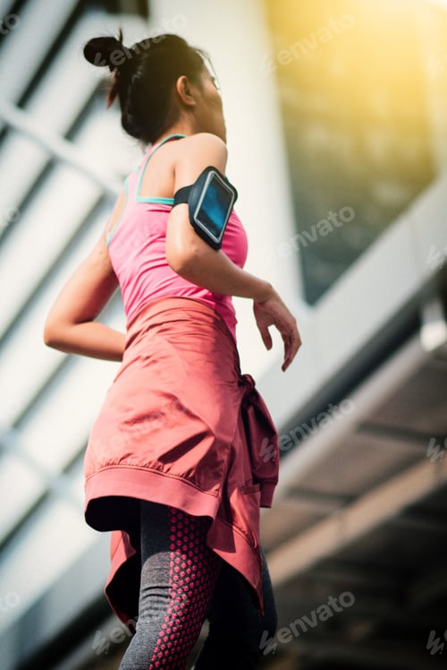 Preview: Beautiful Asian Woman Running In City. Sport Concept