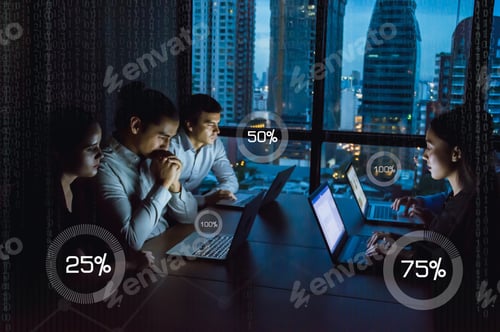 Preview: Business Overtime Concepts . Group Of Business People Working Overtime In Nighttime. Businessmen