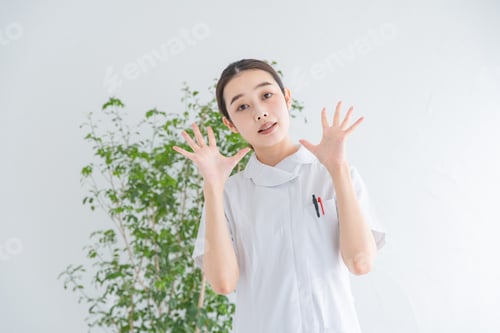 Preview: Enthusiastic Nurse in Uniform Gesturing Near Green Plant