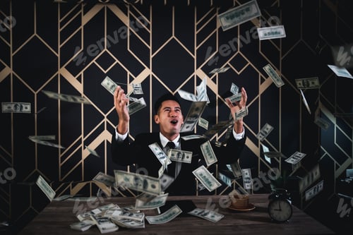 Preview: Successful Businessmen Celebrates Success Under Money Rain Falling Down Dollar Bills . Finances