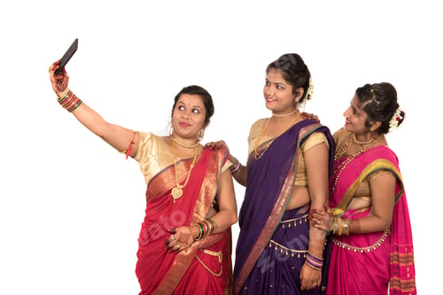 Preview: Indian Traditional Girls Taking Selfie With Smartphone On White Background
