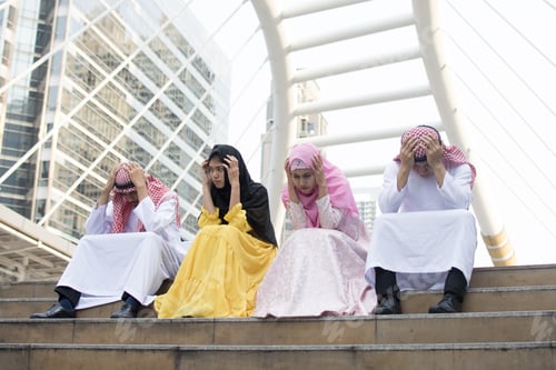 Preview: Portrait Of Group Arab People With Stress Emotion. People With Stressful Concept.