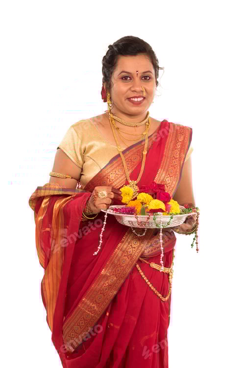 Preview: Beautiful Indian Woman Holding Flower Thali