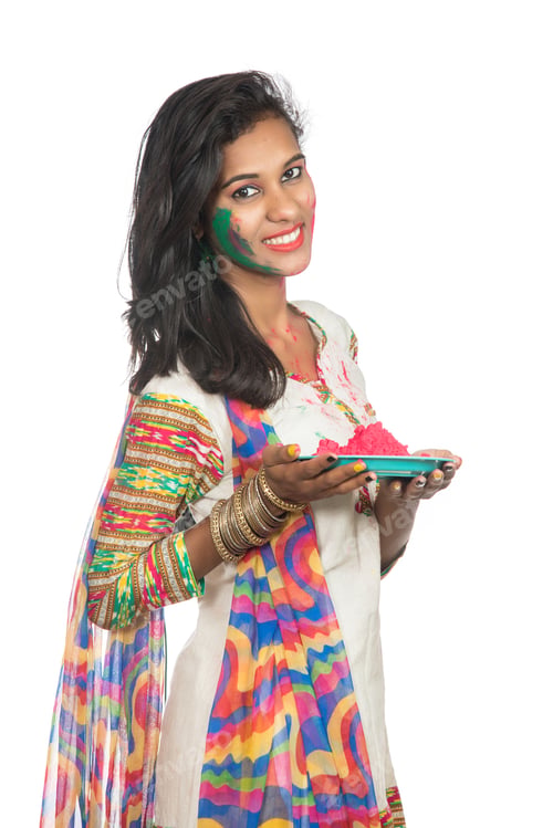 Preview: Beautiful Young Girl Holding Powdered Color In Plate On The Occasion Of Holi Festival.