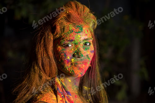 Preview: Portrait Of Indian Young Girl With Colors. Concept For Indian Festival Holi.