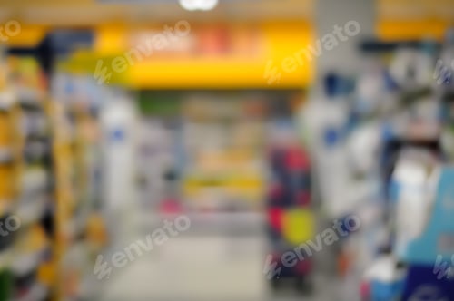 Preview: Blurred Interior Image. Inside Of Grocery Store With Brightly Color Merchandise.