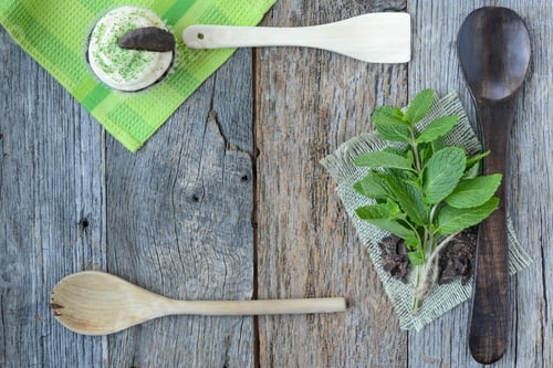 Preview: Mint Cupcake With Fresh Mint Leaves On Wooden Background