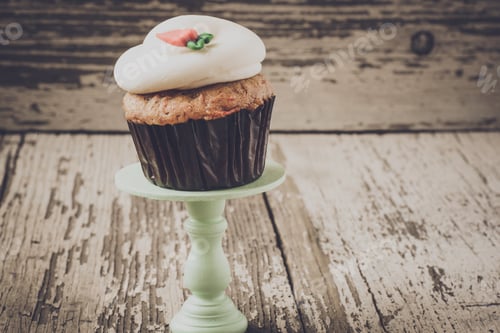 Preview: Cupcake On Stand With Rustic Wood And Burlap Background