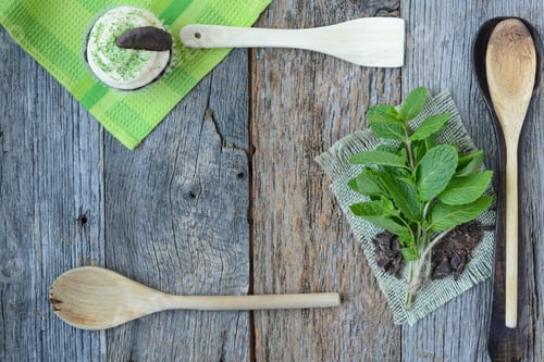 Preview: Mint Cupcake With Fresh Mint Leaves On Wooden Background