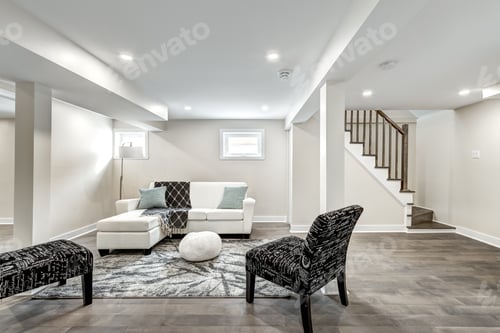 Preview: Modern Finished Basement Interior with Couch and Chair