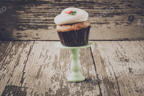 Preview: Cupcake On Stand With Rustic Wood And Burlap Background