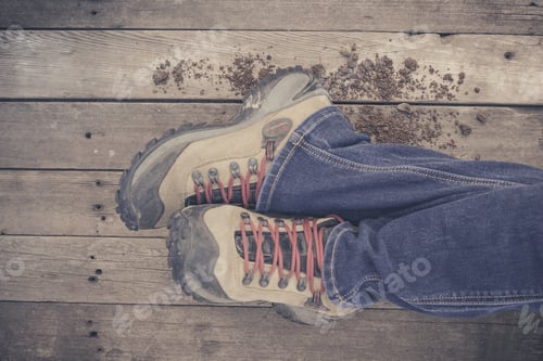 Preview: Feet. First-Person View On Rustic Wood Floor Background.