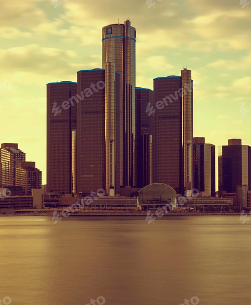 Preview: Beautiful Warm Sunset Skyline Of Detroit, Usa From Windsor Ontario, Canada.