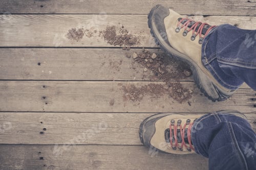 Preview: Feet. First-Person View On Rustic Wood Floor Background.