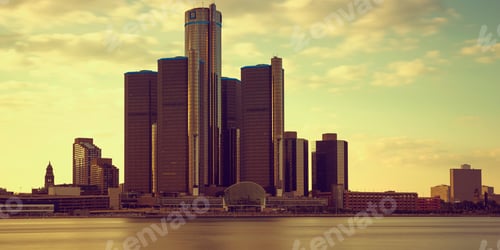 Preview: Beautiful Warm Sunset Skyline Of Detroit, Usa From Windsor Ontario, Canada.