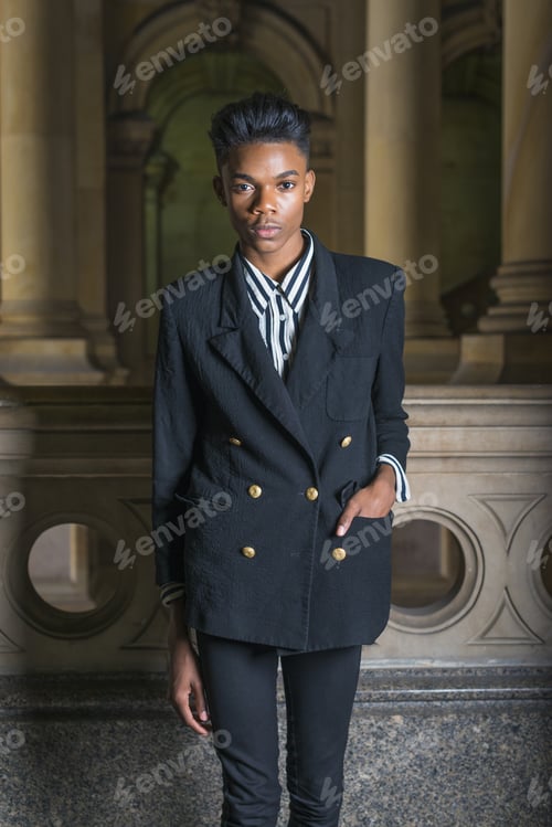 Preview: Portrait Of School Boy. A Young Dark Skin, 18 Years Old College Student, Wearing Black Fashionable