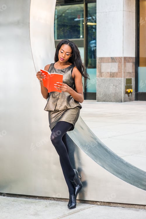 Preview: I Love Reading Book. African American Woman Wearing Metal Crystal Sleeveless Mini Dress Top, Skit