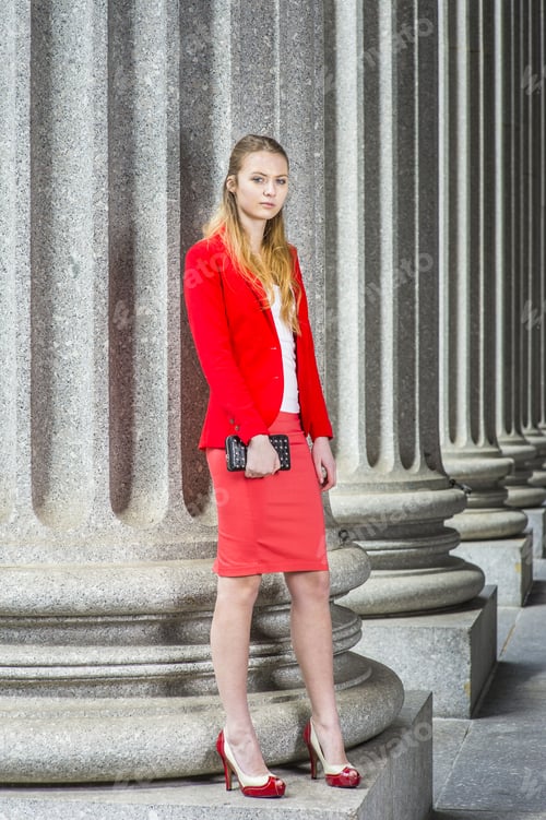Preview: Fashion Girl. Dressing In A Red Blazer, White Underwear, A Red Skirt, Open Toes High Heels, Holding