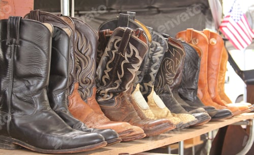 Preview: Old Boots For Sale With American Flag. Shallow Dof