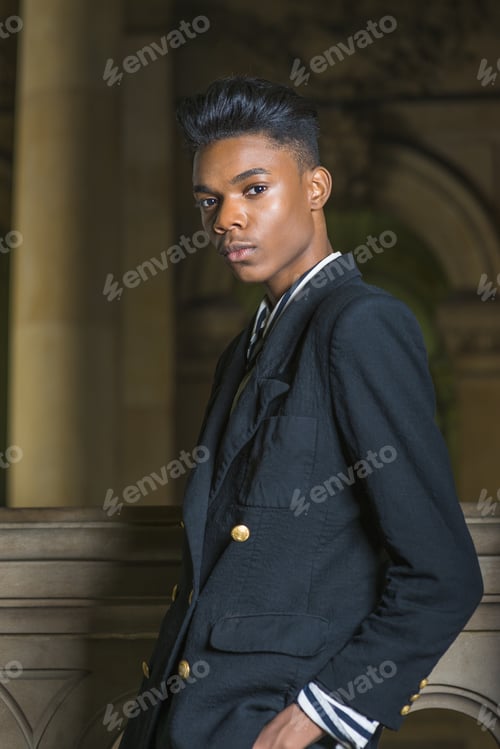 Preview: Portrait Of School Boy. A Young Dark Skin, 18 Years Old College Student, Wearing Black Fashionable