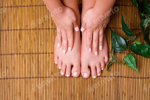 Preview: Woman'S Pedicured Feet On Bamboo Mat
