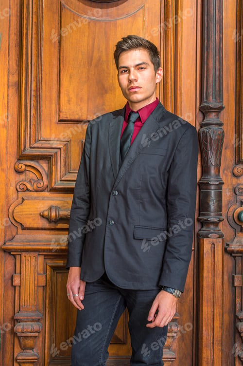 Preview: Dressing In A Red Undershirt, A Black Blazer, Black Jeans, A Black Tie, A Handsome College Student