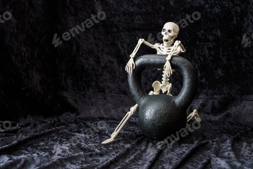 Preview: Fall Fitness, Black Kettlebell And White Skeleton, On A Black Velvet Background