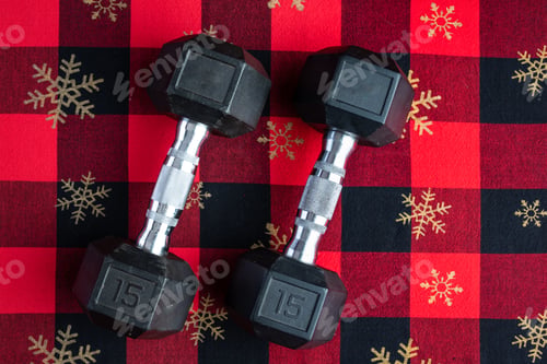 Preview: Holiday Fitness, Pair Of 15-Pound Dumbbells On A Holiday Background Of Red And Black With Gold