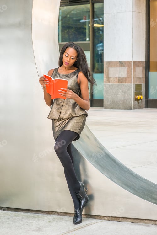 Preview: I Love Reading Book. African American Woman Wearing Metal Crystal Sleeveless Mini Dress Top, Skit