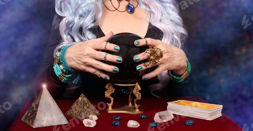 Preview: Psychic With Blue Hair Crystal Ball And Tarot Cards
