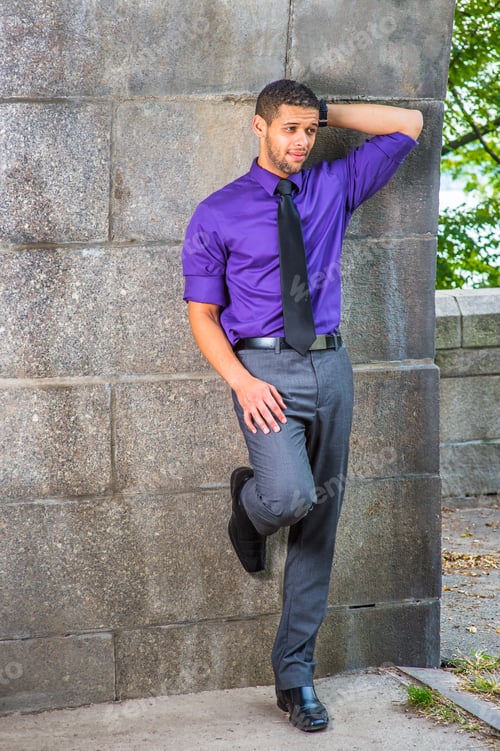 Preview: Dressing In Purple Shirt, Gray Pants, Black Tie, Leather Shoes, One Hand Putting In The Back Of His