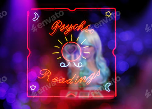 Preview: Psychic Readings Neon Sign With Blurred Psychic In Background. Storefront Window