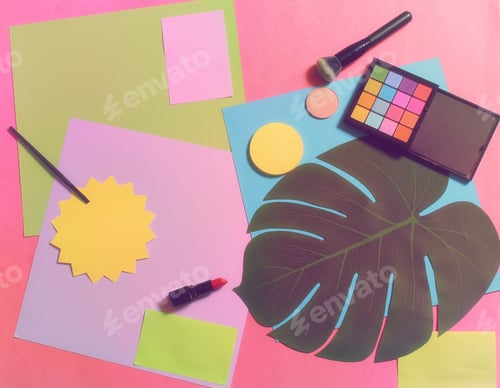 Preview: Cosmetics On Blank Notebook Pages With Tropical Leaf And Brushes