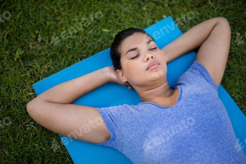 Preview: High Angle View Of Young Trainer Relaxing On Exercise Mat At Park