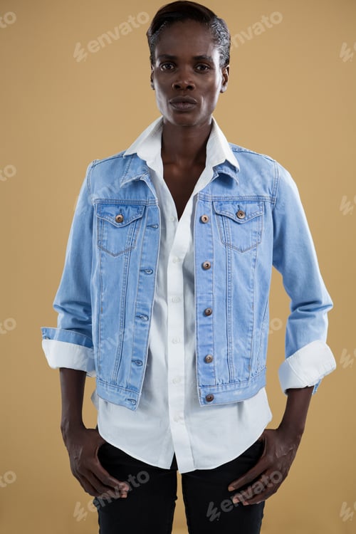 Preview: Woman in Denim Jacket and White Shirt Posing