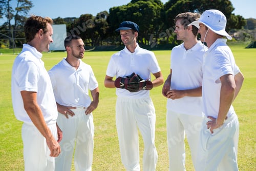 Preview: Cricket Players Standing At Field Against Clear Sky