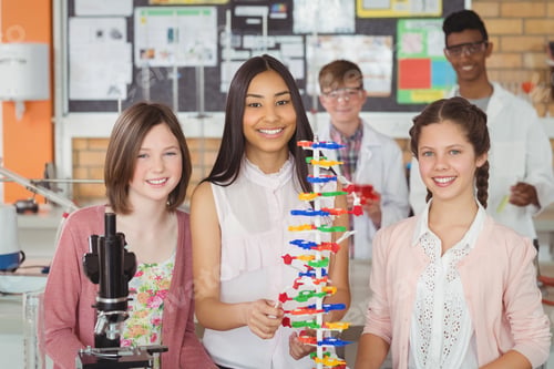 Preview: Portrait Of Happy Students Experimenting Molecule Model In Laboratory At School