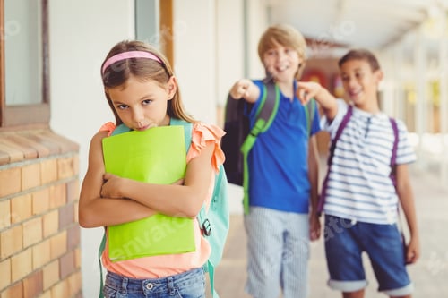 Preview: School Friends Bullying A Sad Girl In Corridor At School